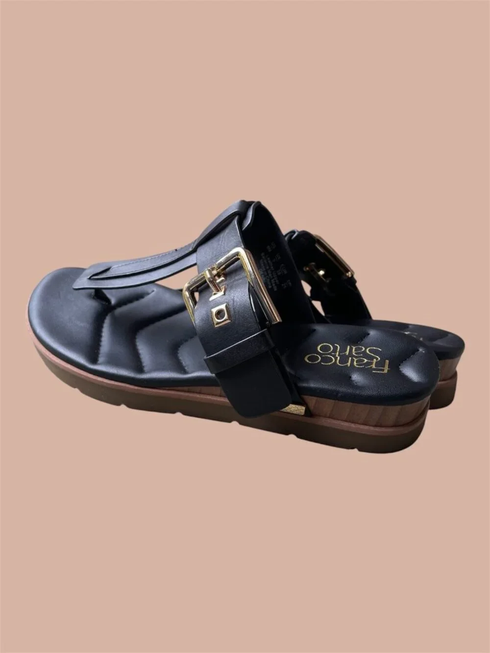 Franco Sarto Black Leather Slide Sandals with Gold Hardware Detail